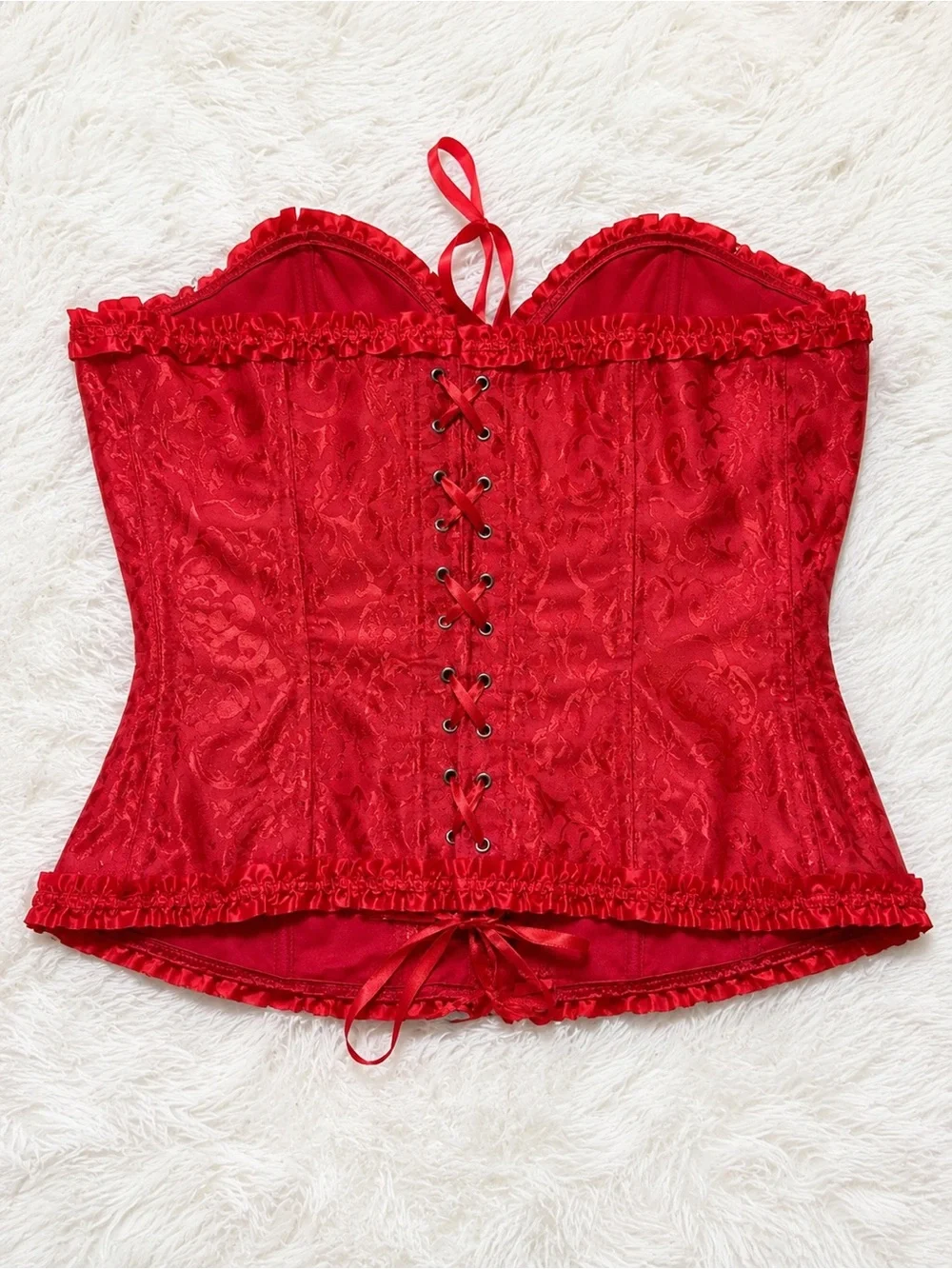 Red Satin Steel Boned Corset Bustier Top | Lace-Up Back | XL/2X